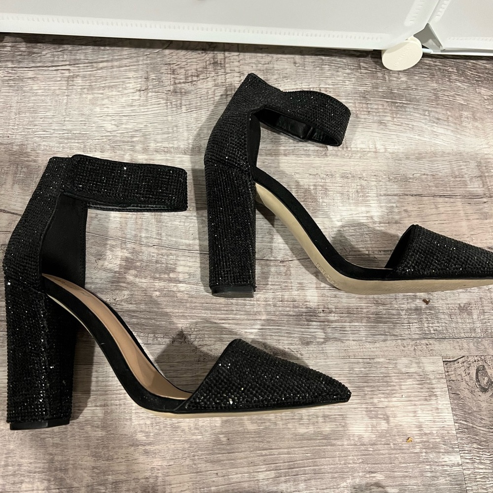 Call It Spring Rhinestone Black Block Heels - Picture 2 of 4